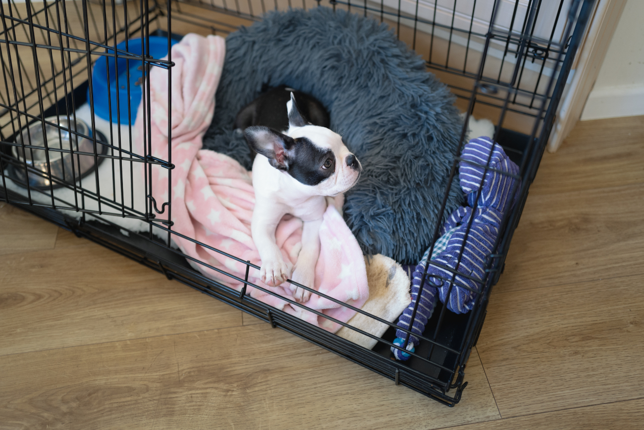 black and white dog laying on a pink blanket