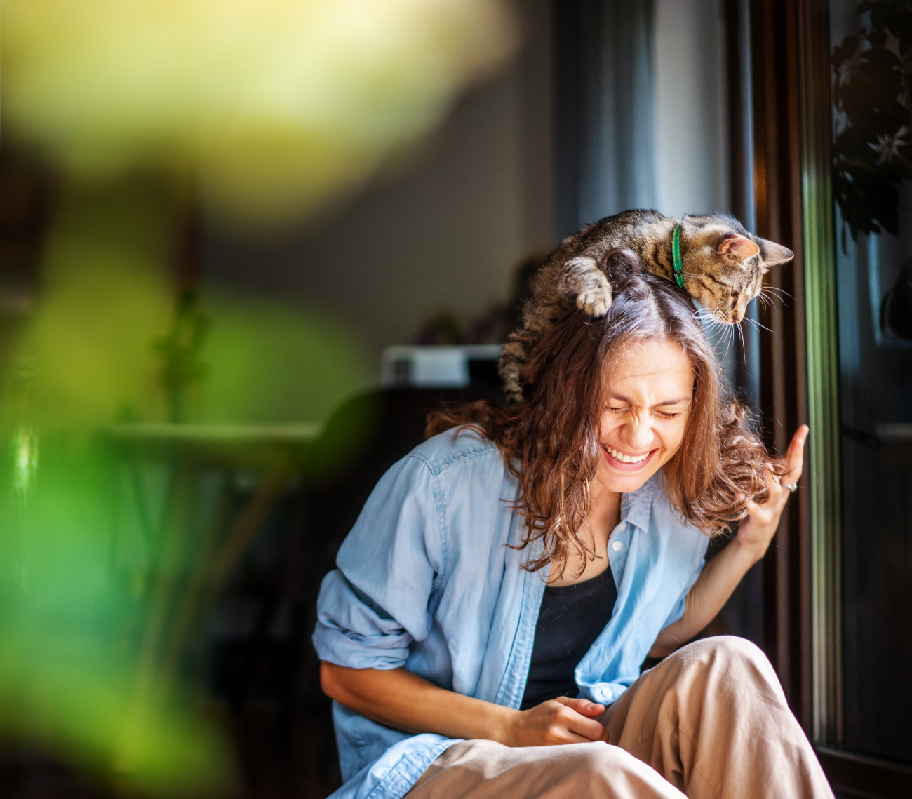 a cat sat on a womans head